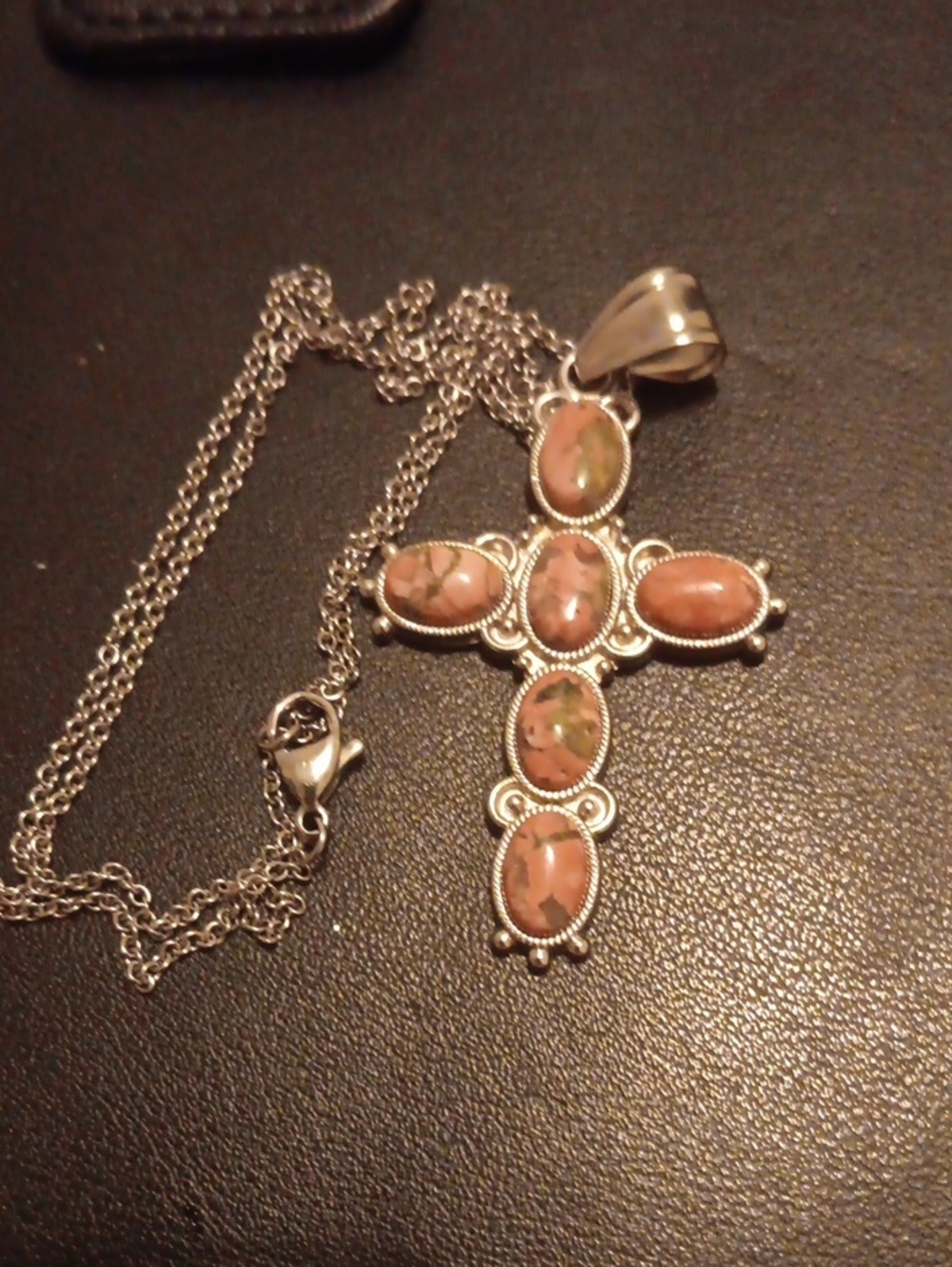 Stainless Steel Unakite Cross Pendant Necklace